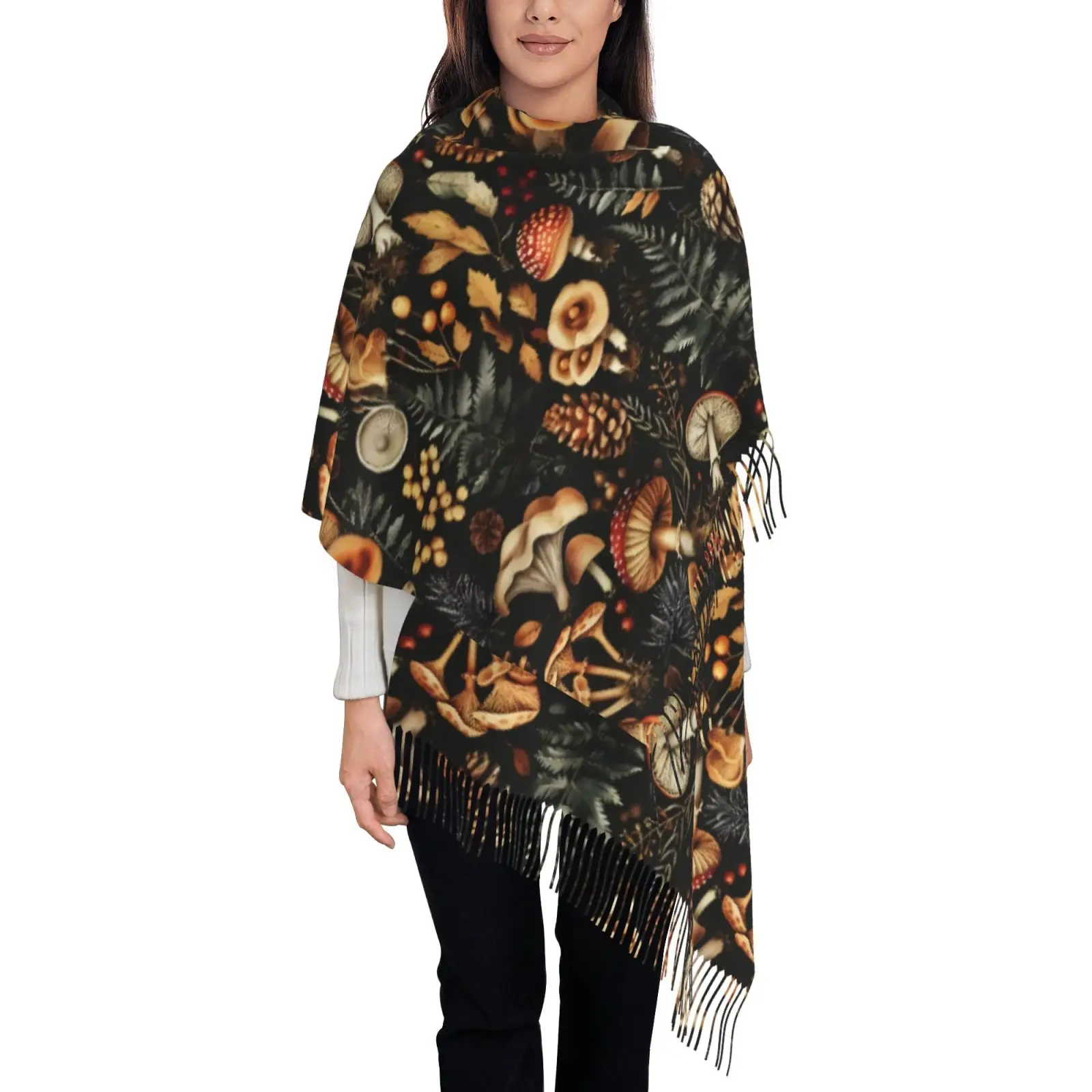 Vintage Forest Mushroom Fern Print Tassel Scarf for Women, Soft Thick Winter Warm Shawl Wrap, Nature Botanical Outerwear
