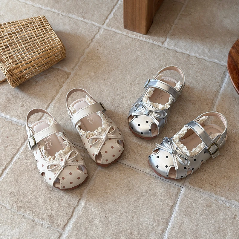 Mumoresip Summer Children Polka Dot Sandals Lace Trim Girls Bow Princess Shoes Non-slip Closed Toe Kid Outdoor Sandals Hook Loop