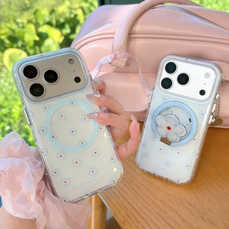 Coque de téléphone magnétique antichoc motif fleurs bleues simples avec support pour iPhone 17, 16, 15, 14, 13, Pro, Pro Max