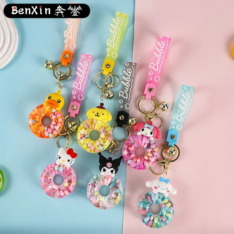 New cute Sanrio Donut Kuromi Cinnamoroll Hello Kitty keychain Acrylic Quicksand Bottle Cartoon Doll Bell Backpack Pendant Gift