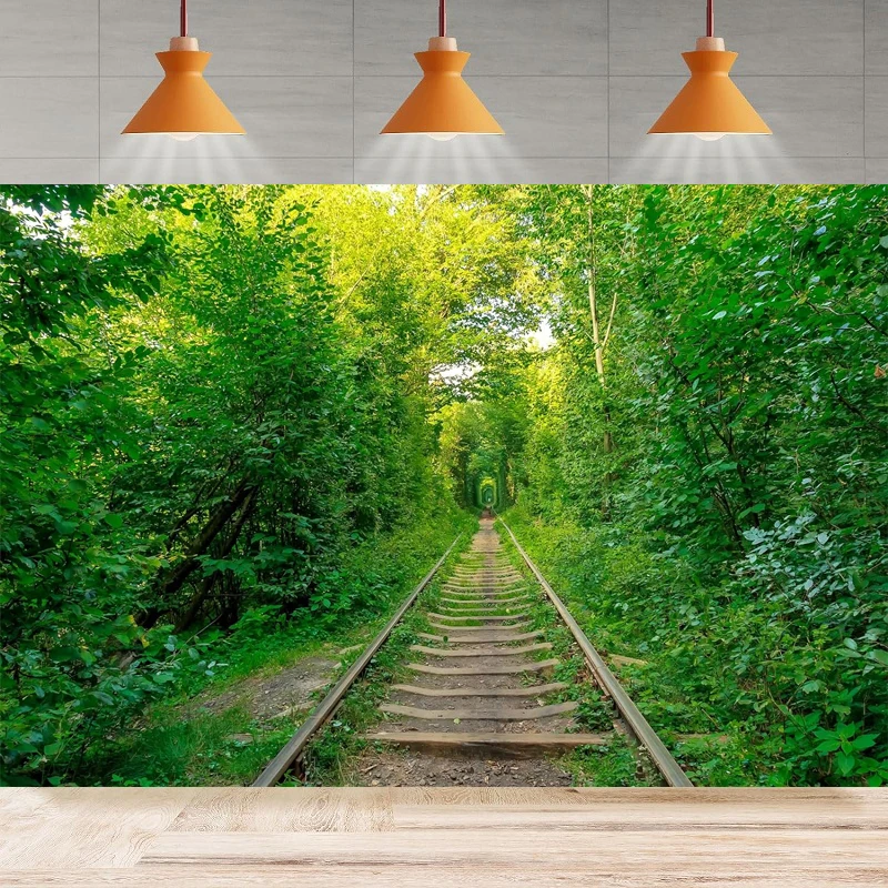 Train Railroad Track Photography Background Old Tunnel Love Green Leafs Forest Summer View Birthday Party Backdrop Wall Banner