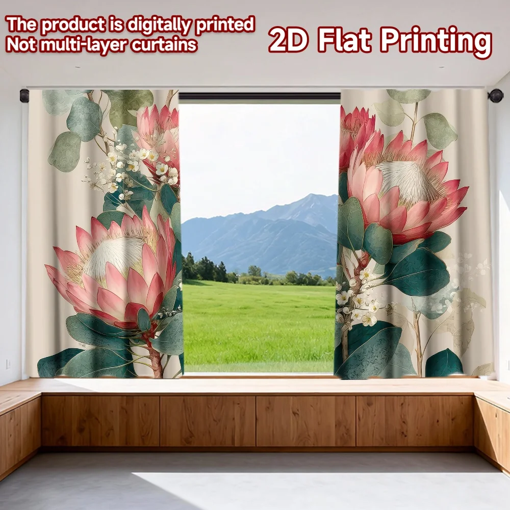 

2D flat printing 2pcs Drapes Vibrant Pink Protea Blossom Digital Printed Polyester Drapes All Season Party & Holiday Decor