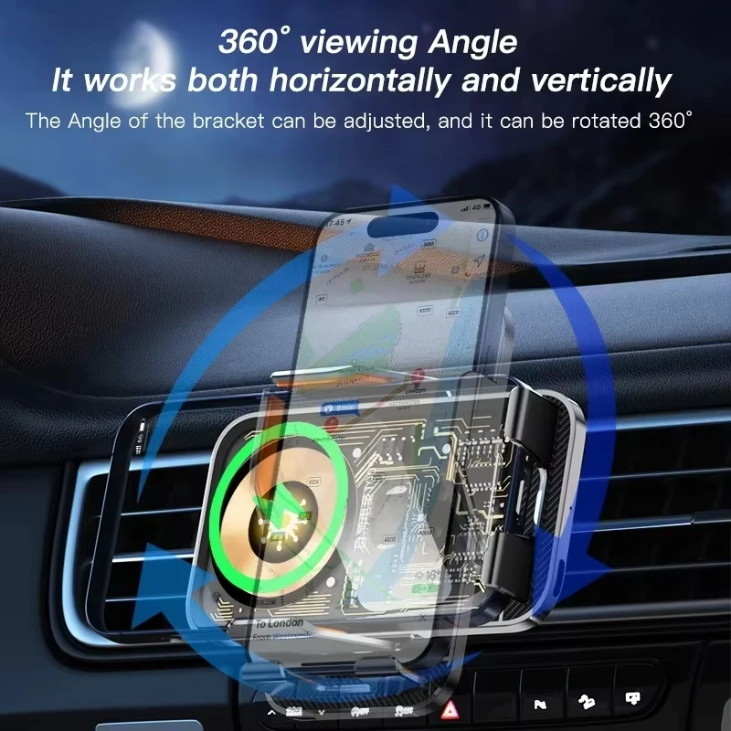 Transparent Car Wireless Charger Mount – Infrared Sensor, 360° Rotation, Anti-Shake, Luminous Logo