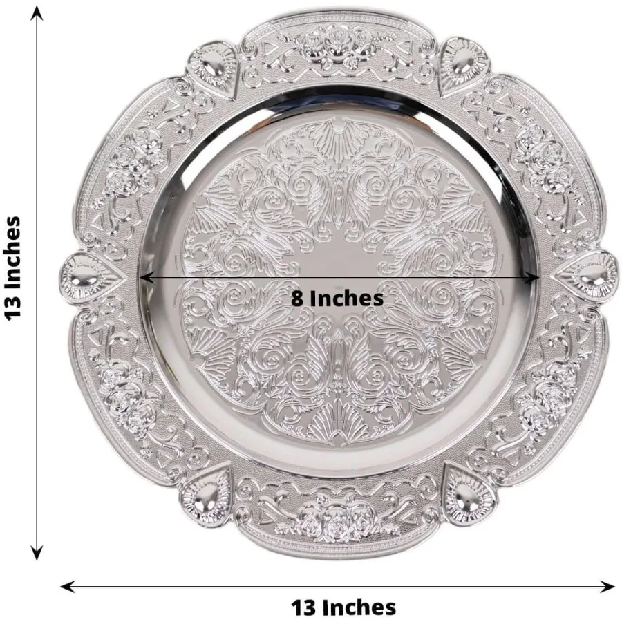 6 عبوات من ألواح شاحن الأكريليك المنقوشة بالزهور الفضية مع حافة صدفية لتناول الطعام الأنيق وديكور الحفلات، بلاستي مستدير مقاس 13 بوصة #3