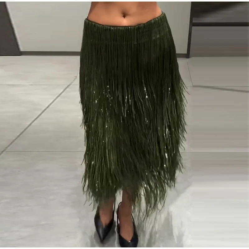 Women's Olive Green Sequin Fringe Midi Skirt Sparkly Tassel Party Skirt for Evening Clubwear 2025 Festival New Sexy Lady Skirts