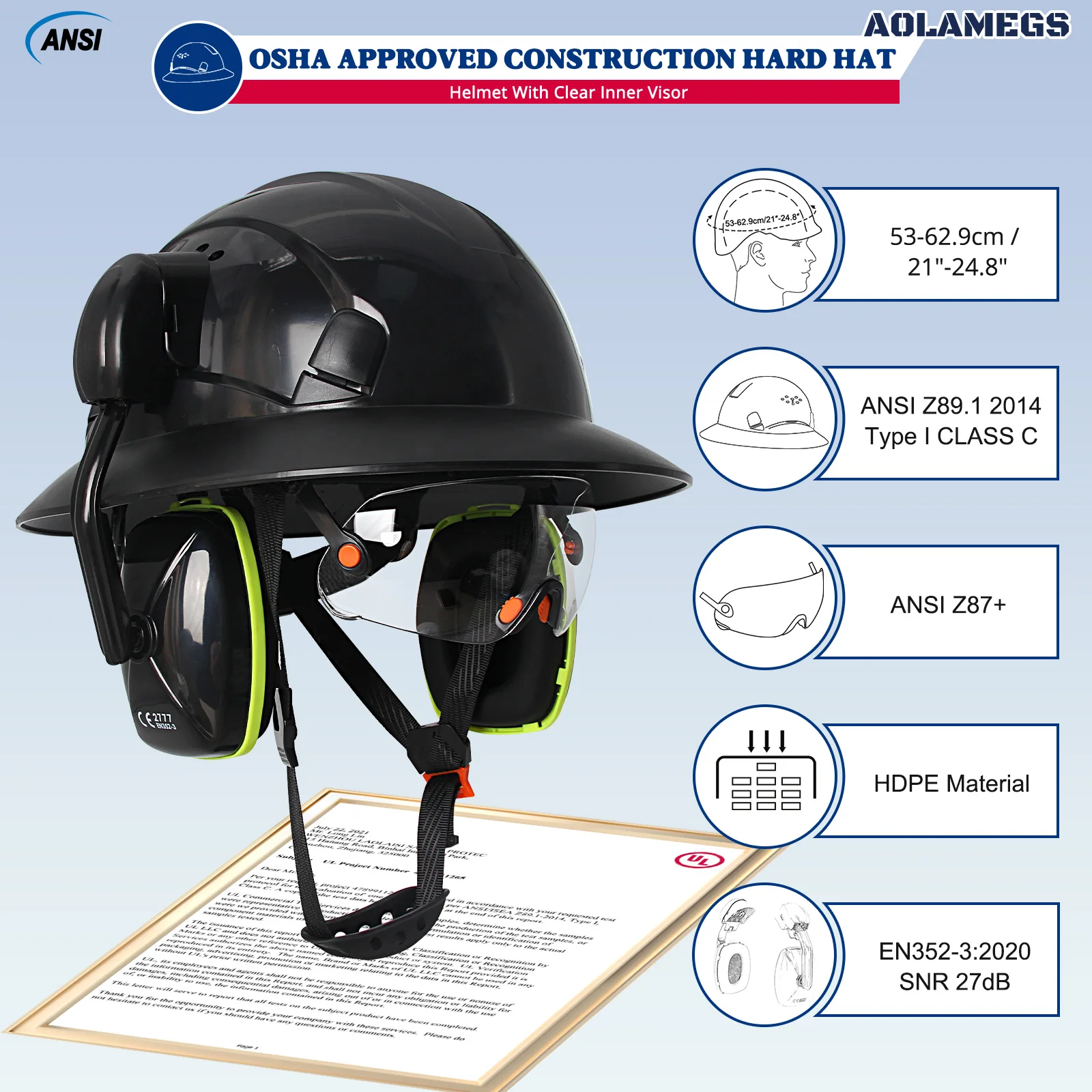 Full Brim Safety Helmet with Goggles Earmuff Construction Hard Hat Protective Working Riding Climbing Rescue Cap Head Protection