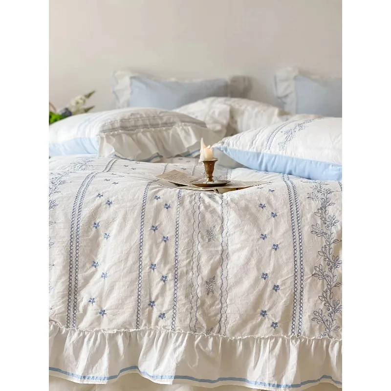 Gentle Korean Embroidery Craft All Cotton Washed Cotton Four-Piece Cotton French Lace Bedding