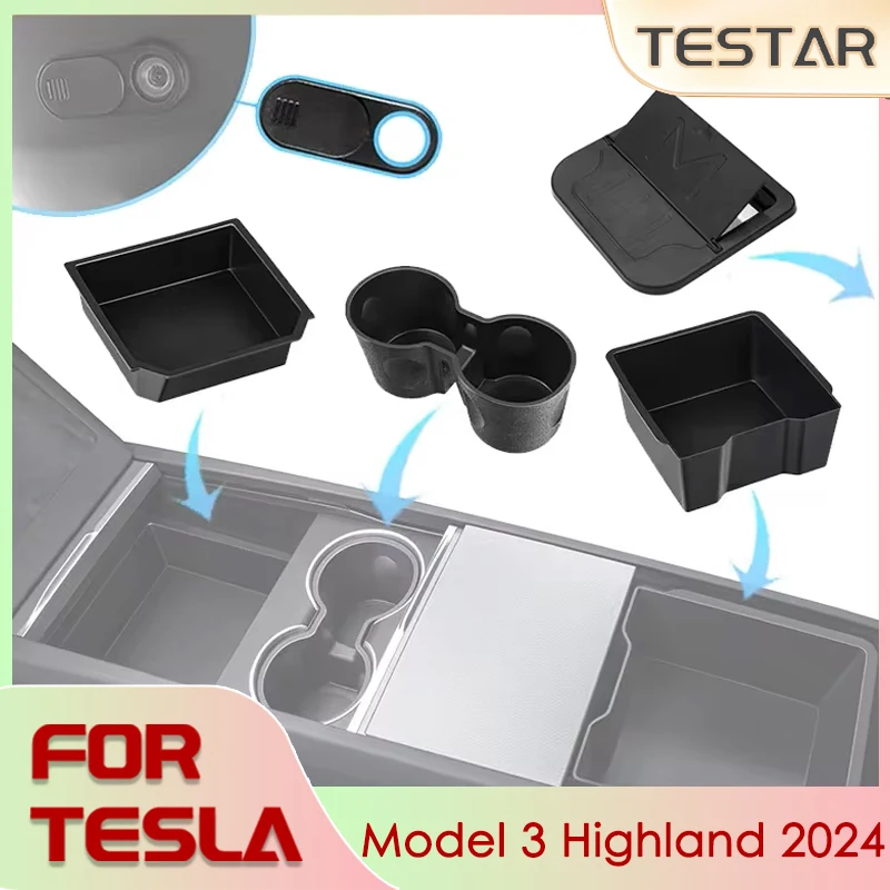 Per Tesla Model 3 Highland 2024 scatola portaoggetti bracciolo centrale scatola nascosta portabicchieri per accessori Tesla Model 3 Highland 2024