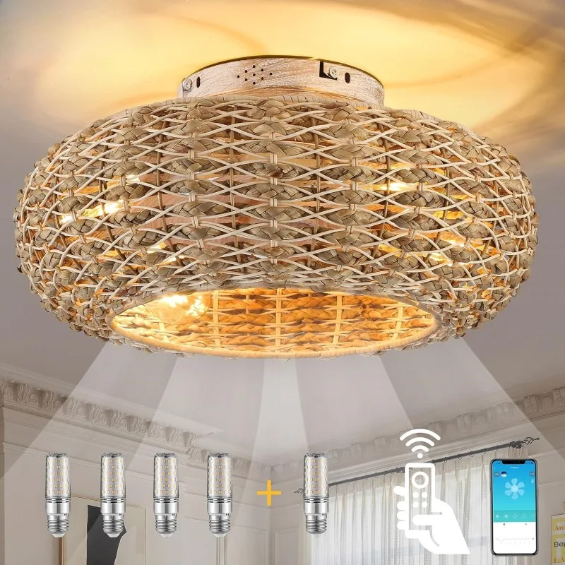 Wabi Sabi Wind Grass Vine Ceiling Fan Lights Japanese Retro Hotel Catering Bedroom Weaving Zen Tea Room Ceiling Fan Lamp Fixture