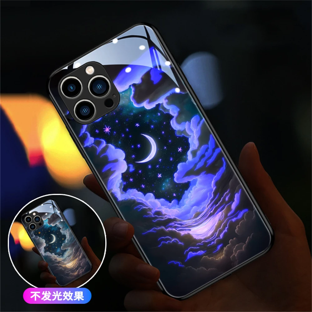 Moon Sky Stars Voice Sensing LED Light Up Glowing Luminous Phone Case For iPhone 15 14 13 12 11 Pro Max XR XS Plus 7 8 SE2020