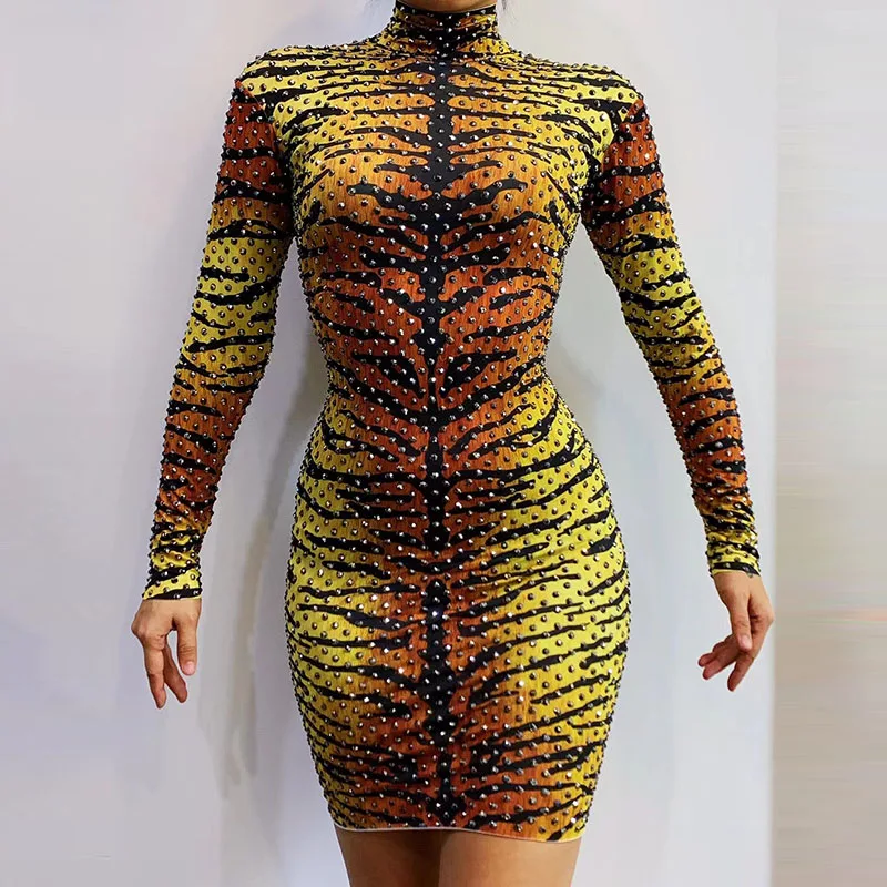 

Fashion sexy Sparkling Rhinestone crystal tiger skin dress Skirt birthday celebration party Dinner evening dress concert dance s
