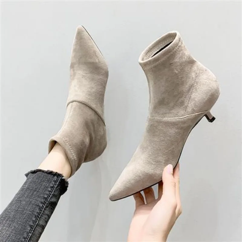 Footwear Pointed Toe Booties Elastic Suede Short Shoes for Women Elegant with Low Heels Female Ankle Boots Trend 2024 Sale Boot