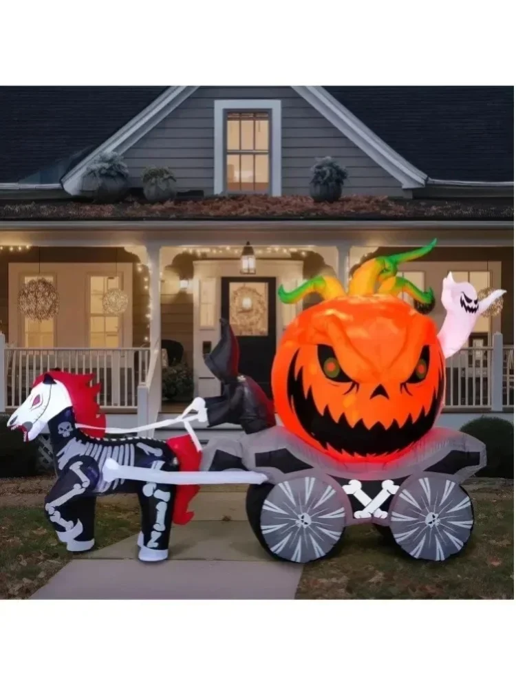 8 Fuß langer Kürbiswagen, Halloween-Aufblasartikel, Außendekoration, aufblasbarer Kürbiswagen mit integrierten LEDs, zum Aufblasen für den Garten, Halloween-Aufblasartikel, Partydekoration für den