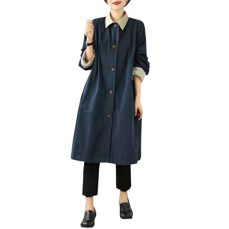 Spring Autumn Korea Fashion Women  Patchwork Turn-down Collar Single Breasted Long Coat All-matched Casual Cotton Trench P306