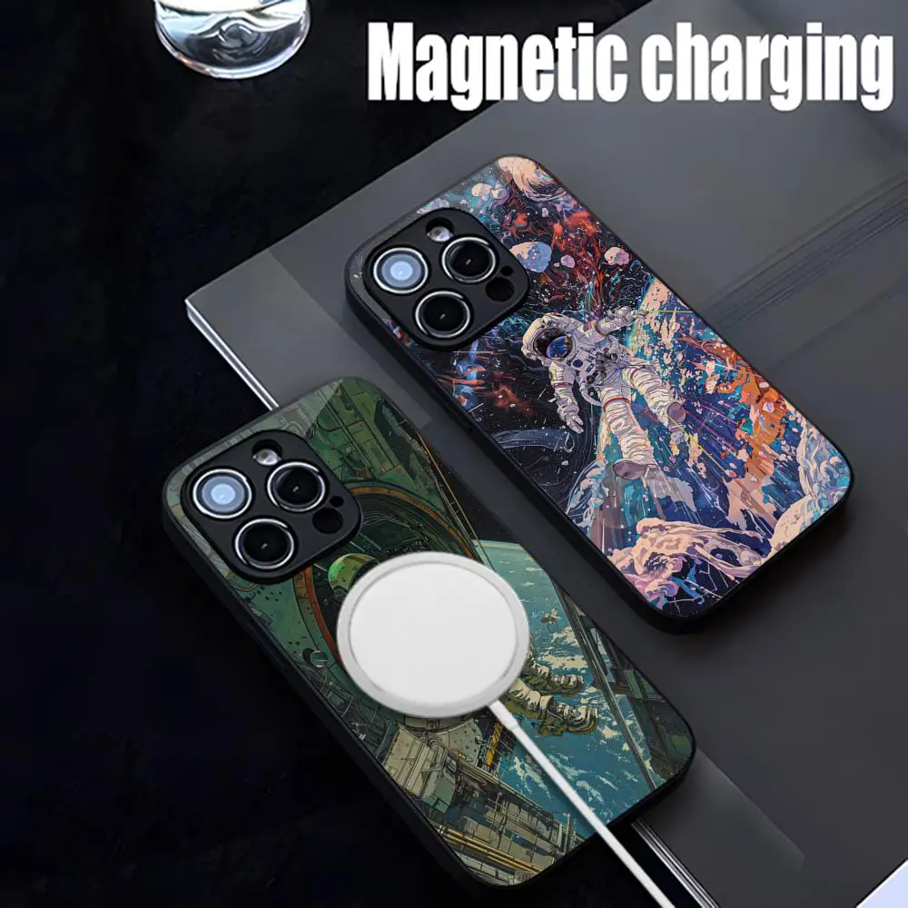 Astronaut Phone Case Strong Magnetism Glass For iPhone 16ProMax 14 13 12 15 11 Pro XS Max Plus Mini Coque