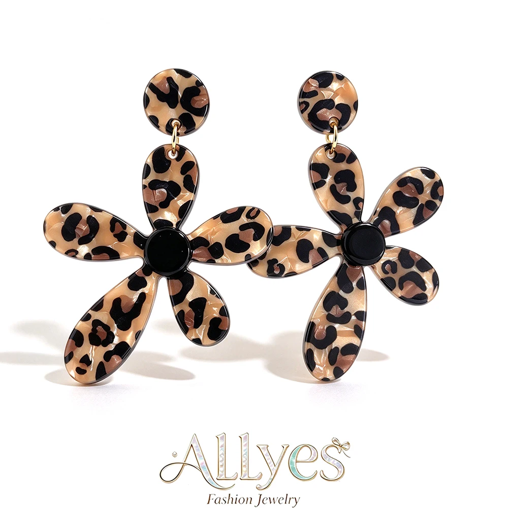 Bohemian Acrylic Leopard Flower Drop Earrings for Women Exquisite Big Floral Hanging Earrings Charm Jewelry Gifts
