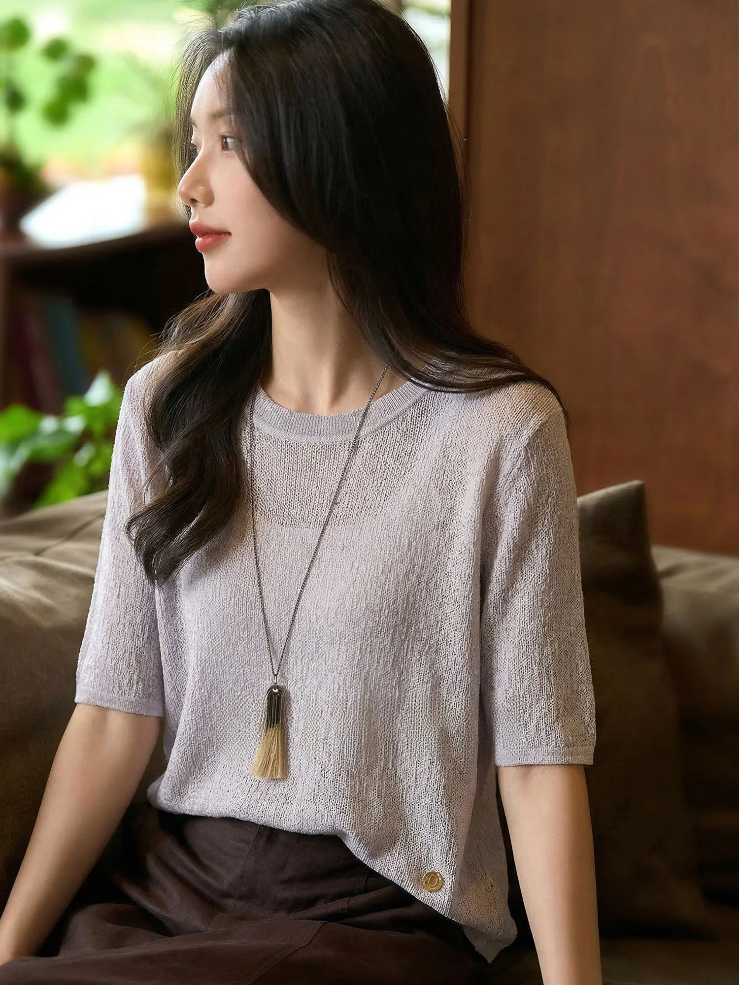 

Loose Fit Short Sleeve Wool Knitwear U-Neck Thin T-Shirt Women's Casual Summer New Style Chivirin Minimalist Relaxing Wind