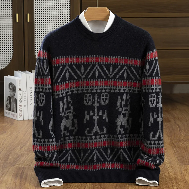 

Trendy Men's 100% Pure Cashmere Pullover High Quality Knitted Sweater Loose Round Neck Tops Thick Street Clothing Pull Jumper