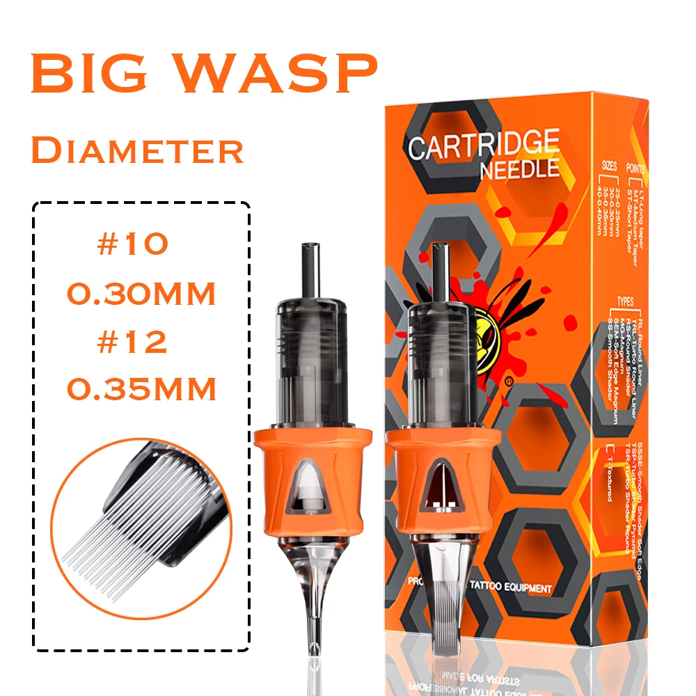 BIGWASP 20PCS Tattoo Cartridge Needles RL/RS/M1/RM #10=0.3MM #12 0.35MM Professional Sterilized Safety Needle For Tattoo Machine