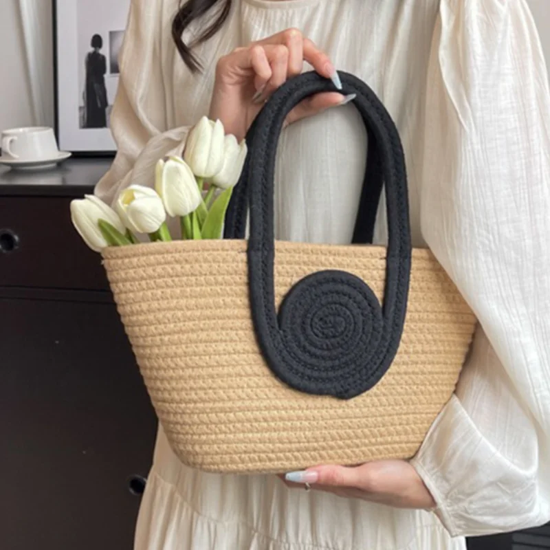 

Cotton Rope Woven Handbag Women's Fashion Niche Large Capacity Tote Bag Summer Beach Travel Bucket Bag Color Blocking Design
