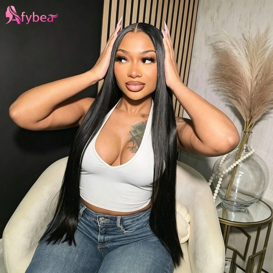 Straight Human Hair Wigs Glueless 220 Density 13X6 HD Transparent Lace Frontal Wig Natural Black 40 Inch 5X5 Hd Lace Closure Wig