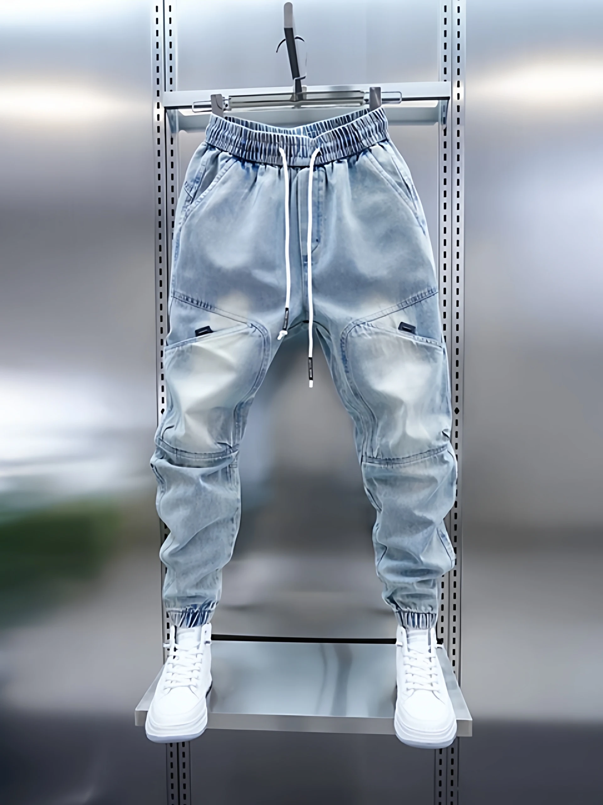 Trendy Men's Light Blue Spliced Jeans Spring Autumn New Fashion Versatile Slim Casual Nine Point Cuffed Pants