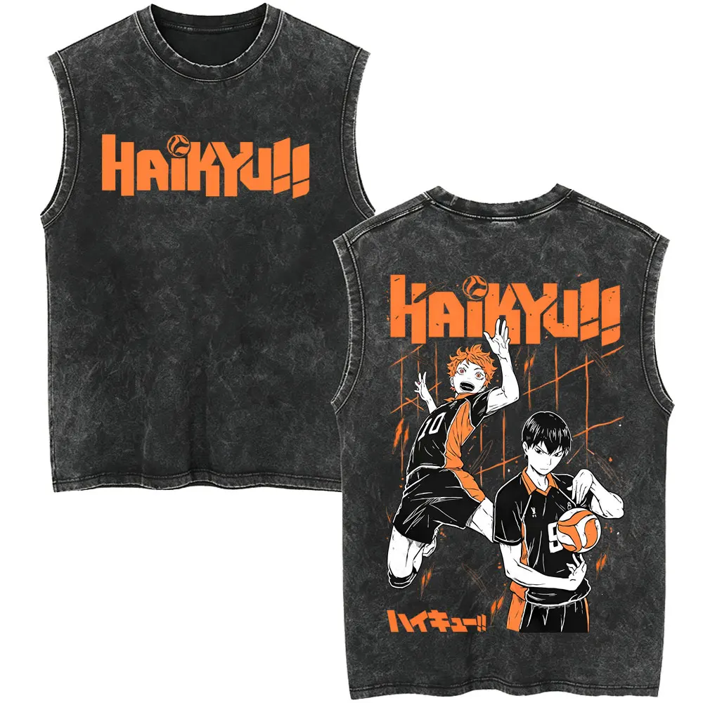 Anime Haikyuu Hinata Shoyo Tobio Kageyama Vintage Washed Tank Tops Men Women Casual Sleeveless Vest Unisex Manga Cotton T-shirt