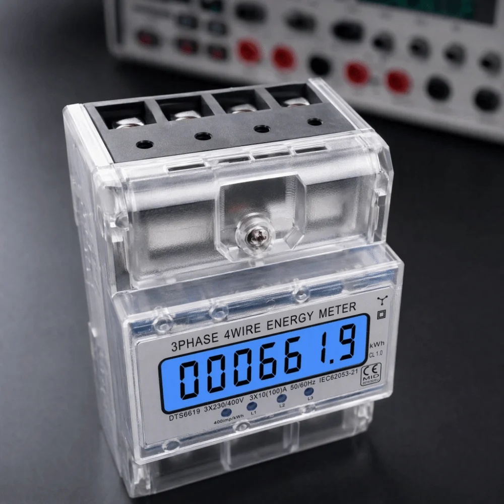 3 Phase 4 Wire Three Phase Energy Meter DIN Rail Installation 10 to 100A Digital Power Meter 230 400VAC Backlit LCD Display