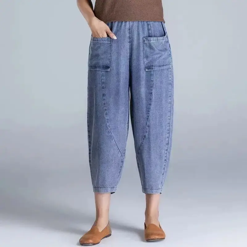 Women Summer Vintage Casual Embroidered Solid Color Loose High Waist Jeans Women Clothes Simplicity Trend Pocket Cropped Pants
