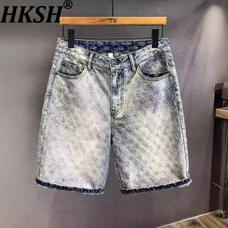 

HKSH Spring Summer New Men Tide Punk Trendy Knee-Length Denim Pants Vintage Shorts Loose Straight Casual American Korean HK20991