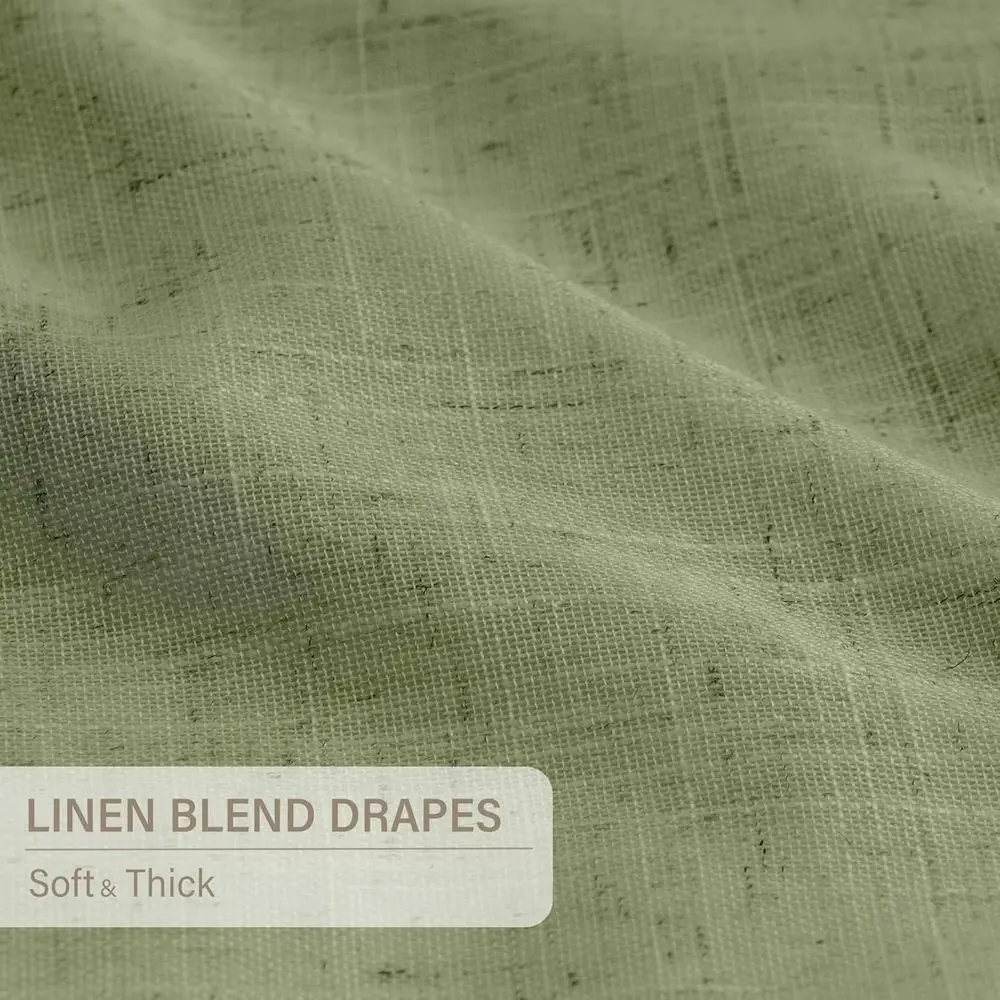 リネン混紡100%遮光カーテン、40x90、20個のフック、2枚セット、セージグリーン、寝室とリビングルーム用