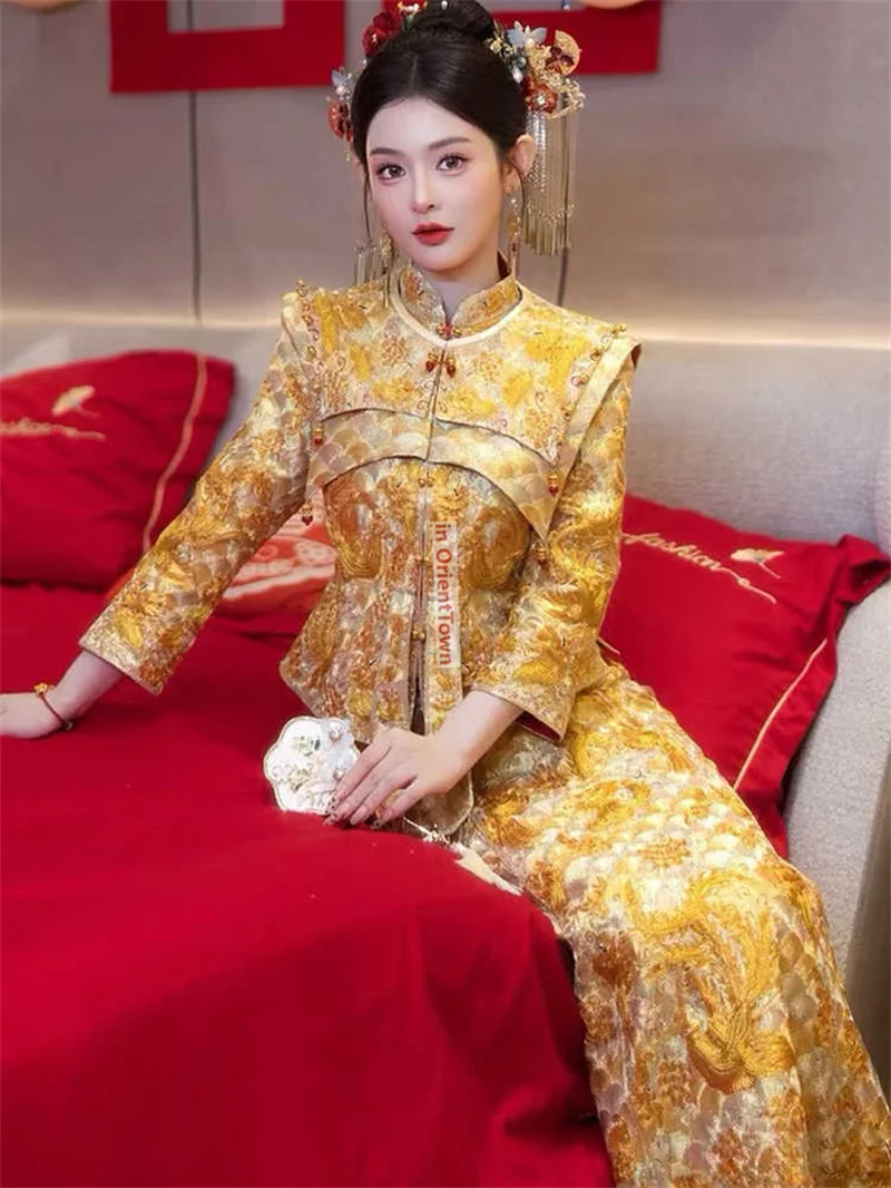 خمر الذهب الرسمي العروس فتاة بلايز + تنورة رائع في OrientTown فستان الزفاف قوانغدونغ التطريز الملابس التقليدية TP048