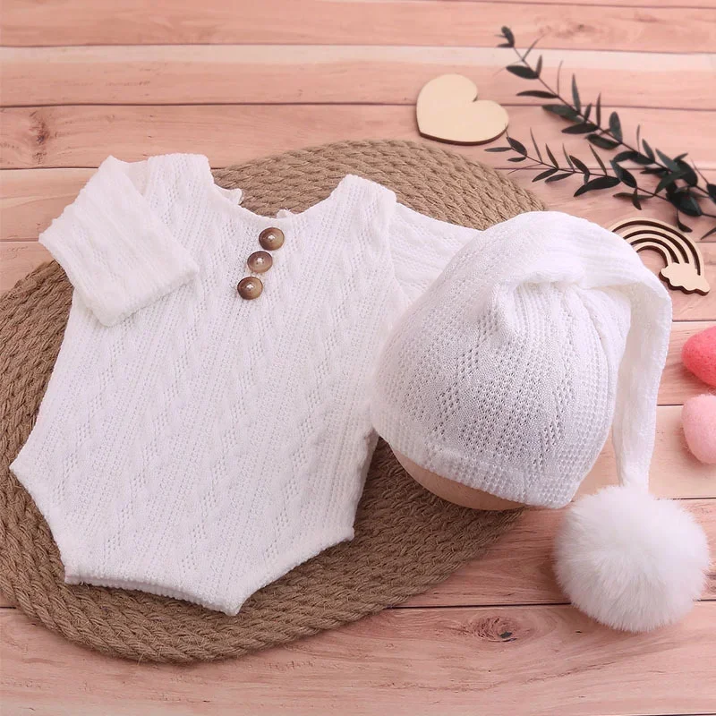 Newborn Photo Photography 2 Pieces Set Shooting Clothes Knitting Baby Girl Boy Jumpsuit with Pompom Hat Infant Photography Props