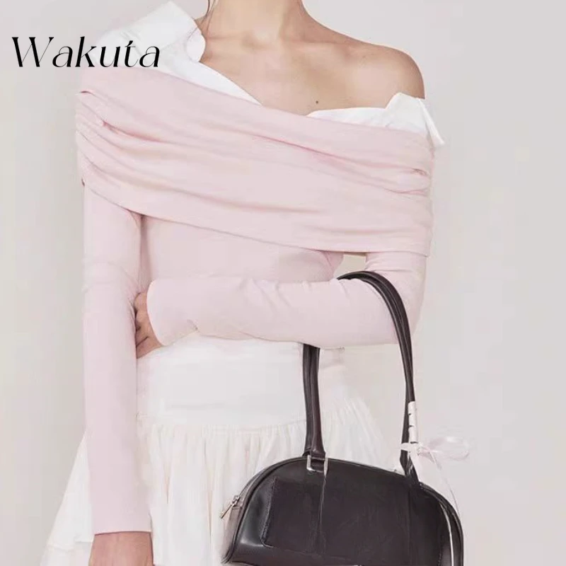 WAKUTA Korean Diagonal Collar Knitted Shirt Spring Pure Temperament Off Shoulder Long Sleeve Top Retro Slim Fit Pleated Pullover