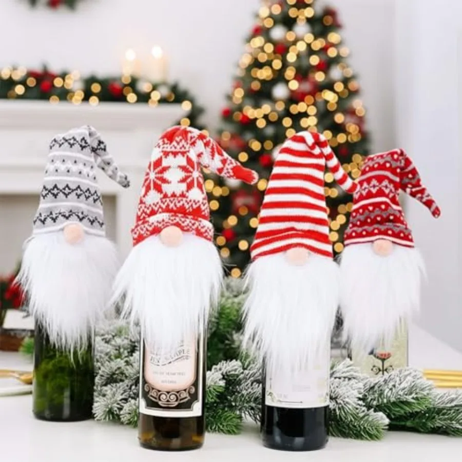 

Christmas Gnome Wine Bottle Covers, 4 Pack Swedish Tomte Decorative Wine Bottle Toppers Santa Scandinavian Plush Champagne Cove