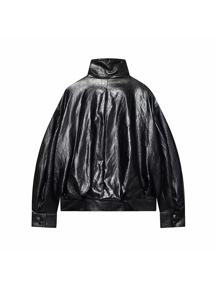 Women Faux Leather Jacket High Collar Long Sleeve Jacket With Button Pocket Lady Coats Causal Female Chic Tops