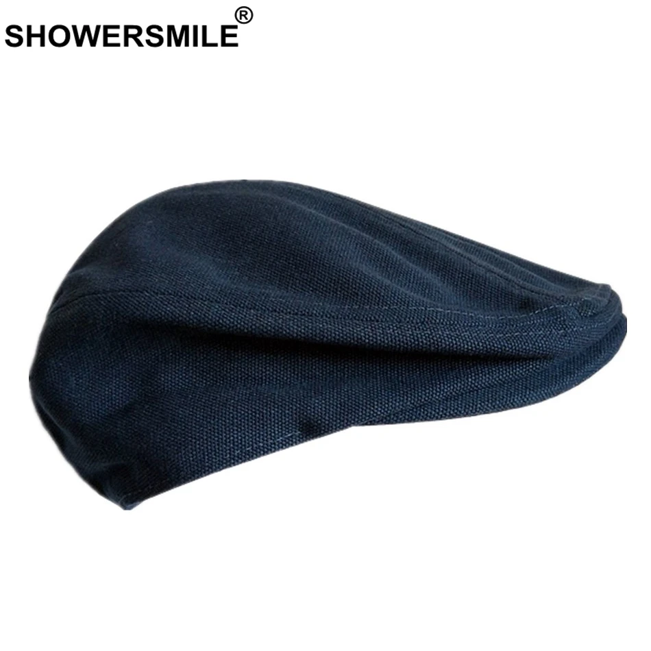 SHOWERSMILE Spring Summer Canvas Flat Cap for Men Beret Hat 100% Cotton Beige Ivy Cap Male Solid Vintage British Brand Hats