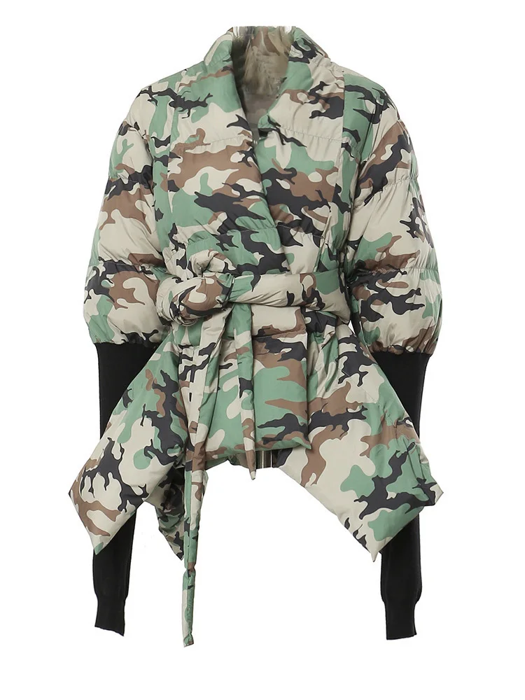 Camouflage Knitting Irregular Cotton-padded Coat Long Sleeve Loose Fit Women Parkas Fashion New Autumn Winter