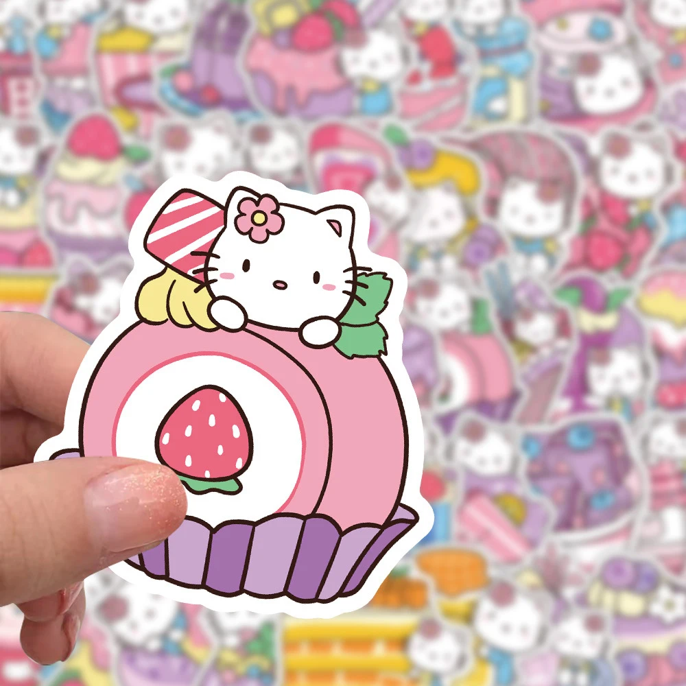 10/30/50/100 pçs bonito engraçado comida olá kitty bolo adesivos kawaii dos desenhos animados sanrio decalques portátil geladeira telefone adesivo para crianças brinquedo