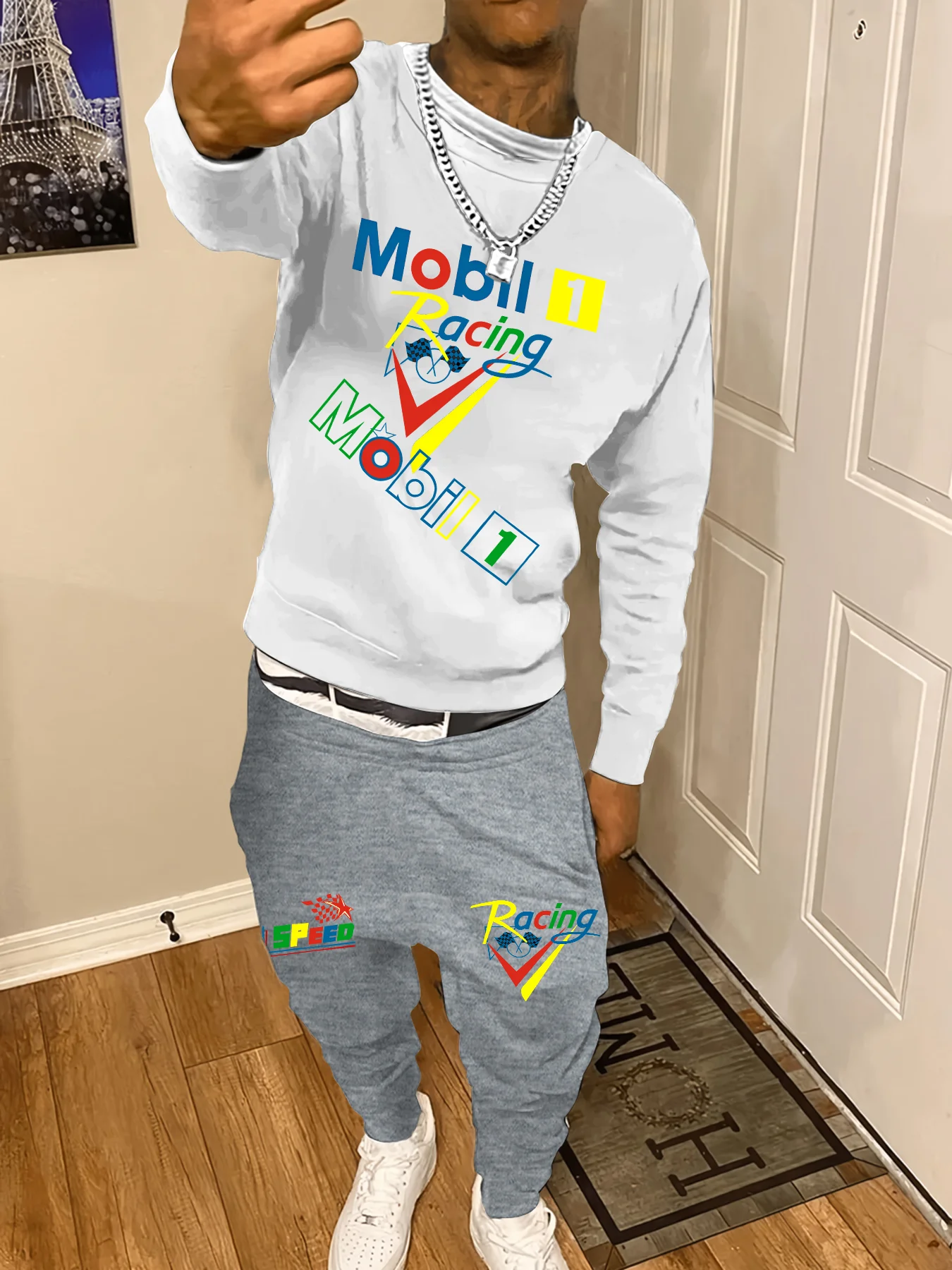 

Men's sweatshirt suit, racing flag, "Mobil 1 Racing" cool street style for daily outings