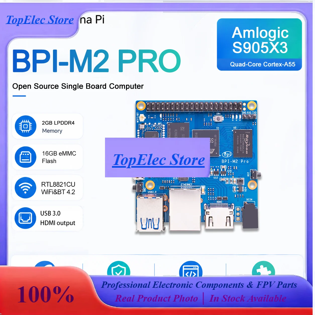 TopEsBanana PI BPI-M2 Pro Amlogic S905X3 Quad Core Processor 2GB LPDDR4 RAM 16GB EMMC Raspbian Image Support Electronic Control