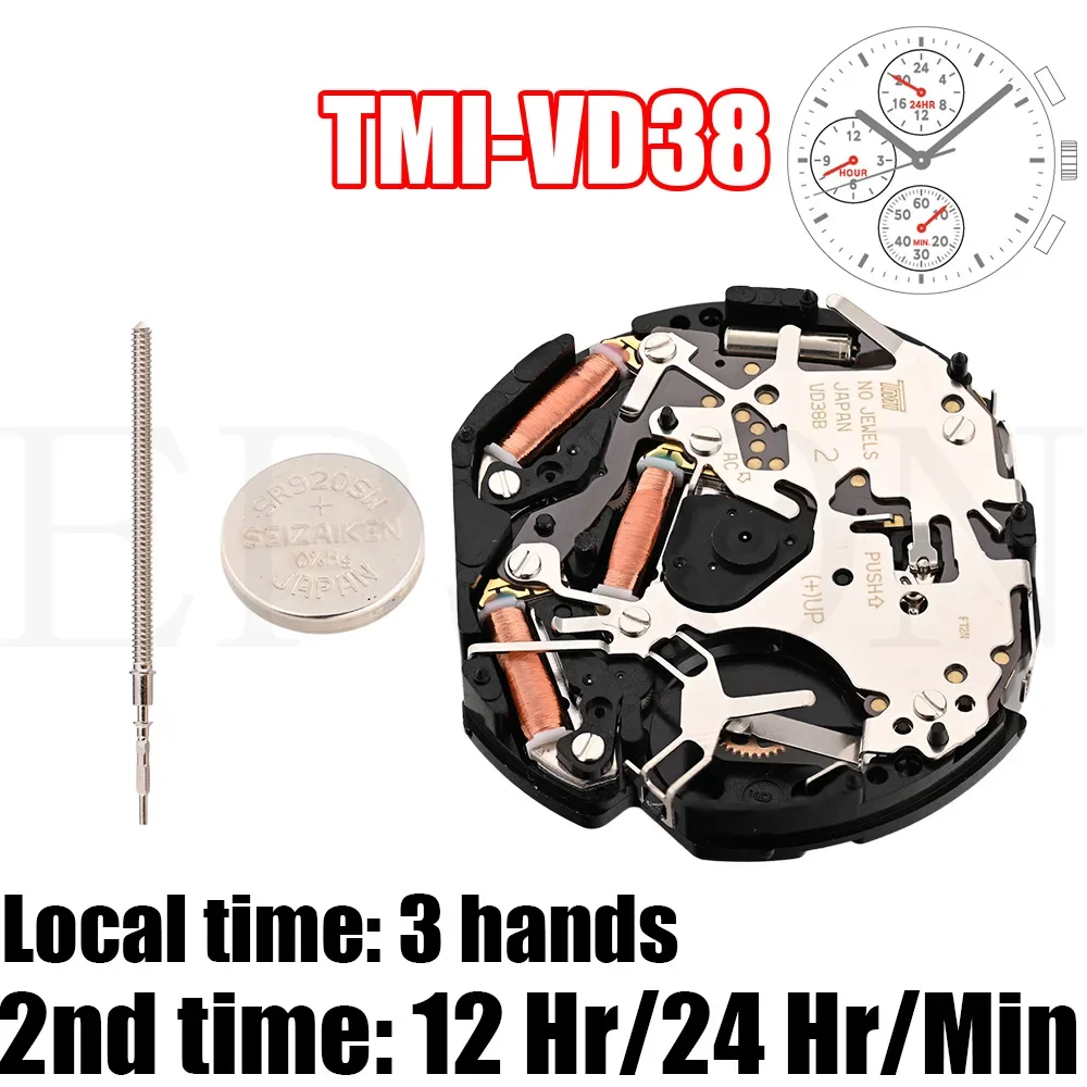 VD38 Movement TMI VD38-3 Movement Dual Time  Size: 12 ¾‴  Height: 3.97mm 6 hands 2nd time: 12hr/24 hr/min 6.9.12 Small Seconds