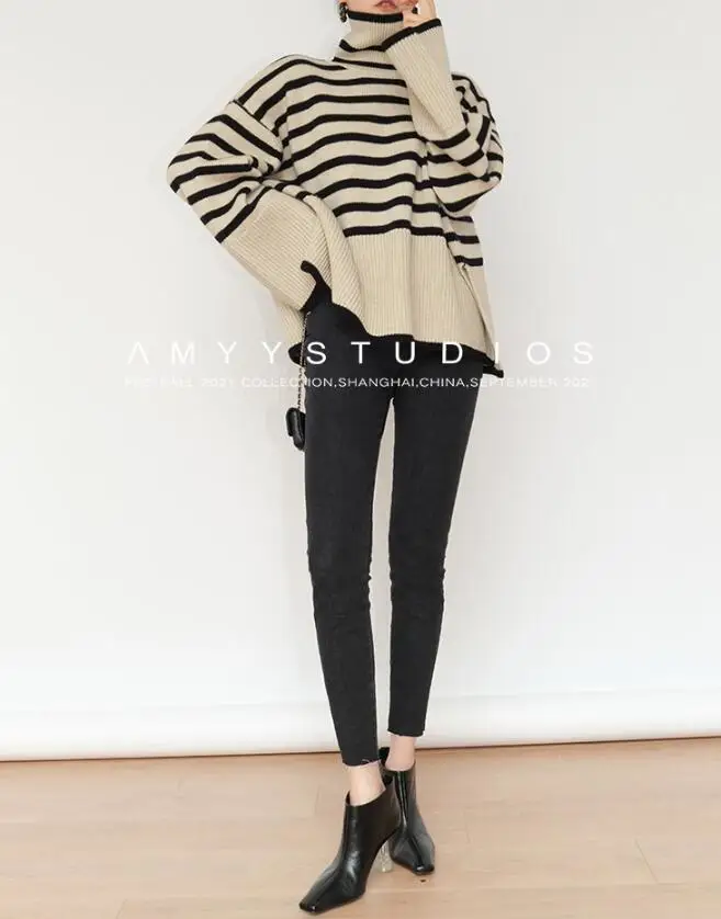 New Autumn/Winter Fashion Loose Long Sleeved Striped High Neck Knitted Sweater For Women,6 Colors