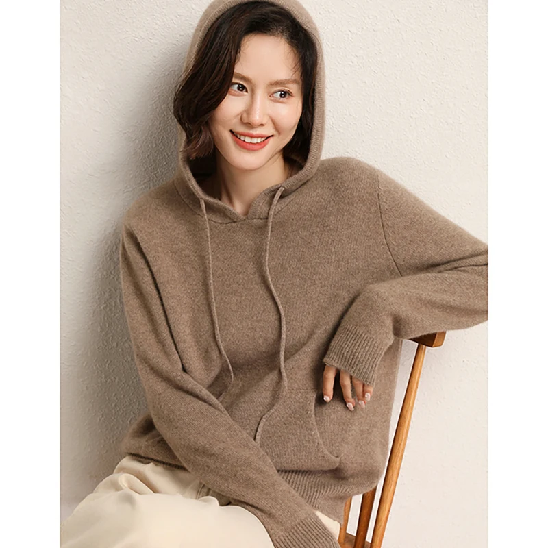 Autumn and Winter New Cashmere Sweater Women's Hooded Loose Solid Color Versatile Pocket Knitted Sweater Hoodie