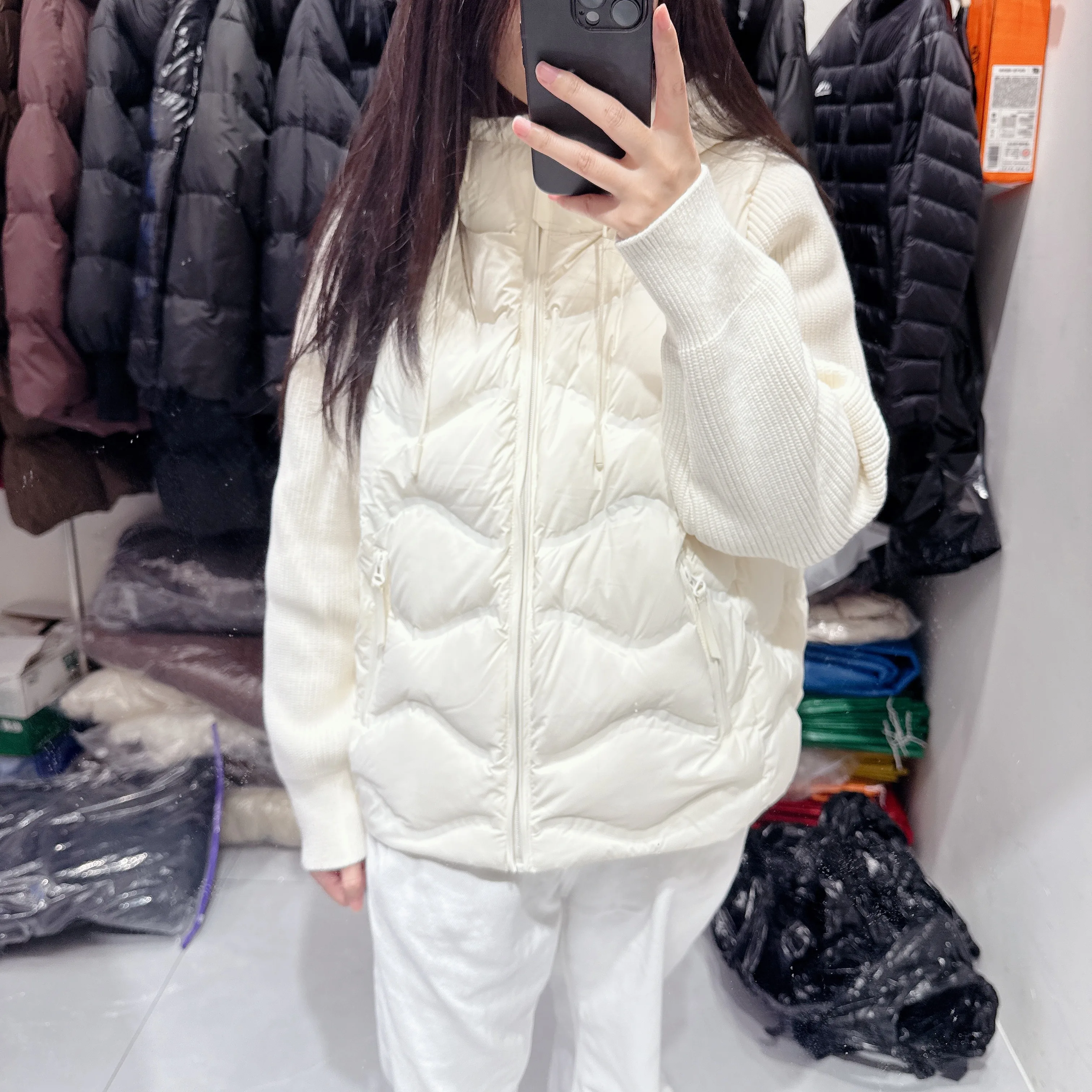 2025, wintermode nieuwe dames donsjack met capuchon, commuter splitsen, gebreide mouwen, lichtgewicht jack