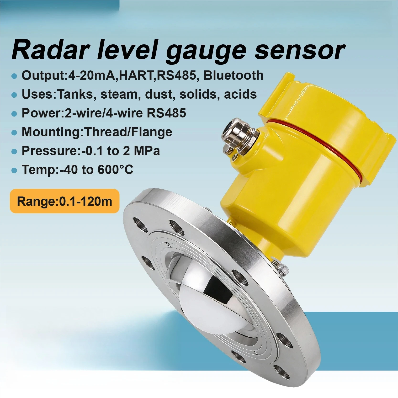 

Noncontact Level Transmitter 0.1 - 120 m Microwave Tank Level Sensor with 4-20 mA HART RS485 Bluetooth Options