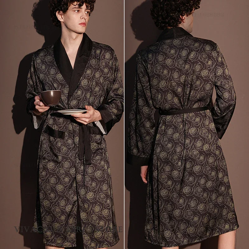 New Men Robe Night Wear Print Long Sleeve Kimono Bathrobe Gown with Pocket Loungewear Loose Casual Ice Silk Homewear Sleepwear