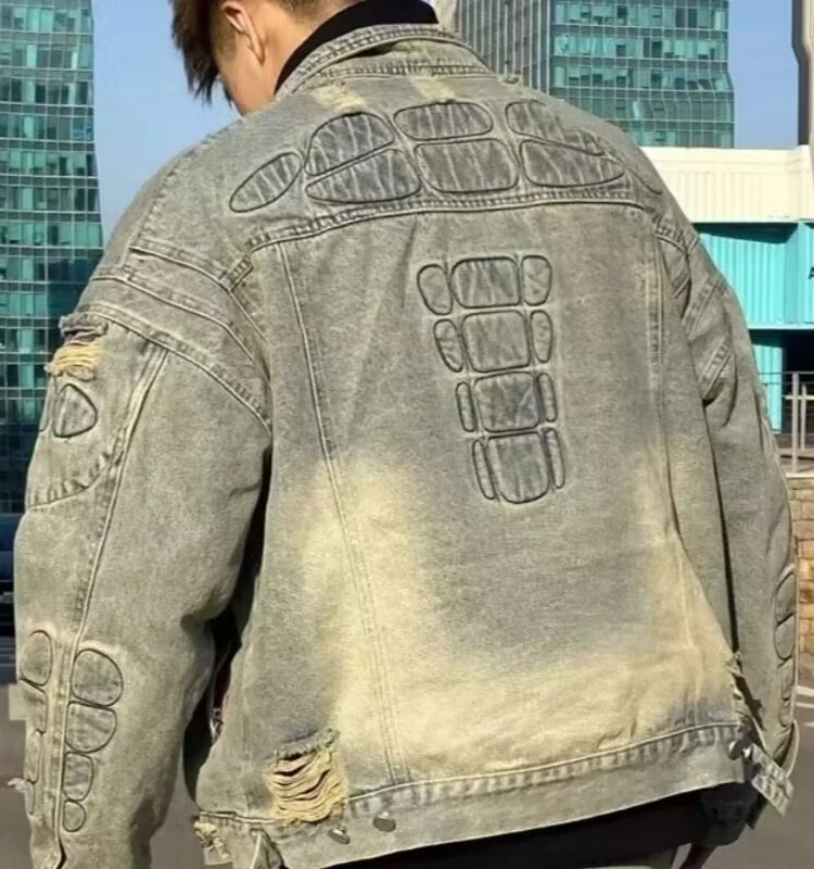 

Мужская джинсовая куртка свободного кроя на весну-осень, в американском стиле, с воротником-стойкой и пуговицами, из плотного денима