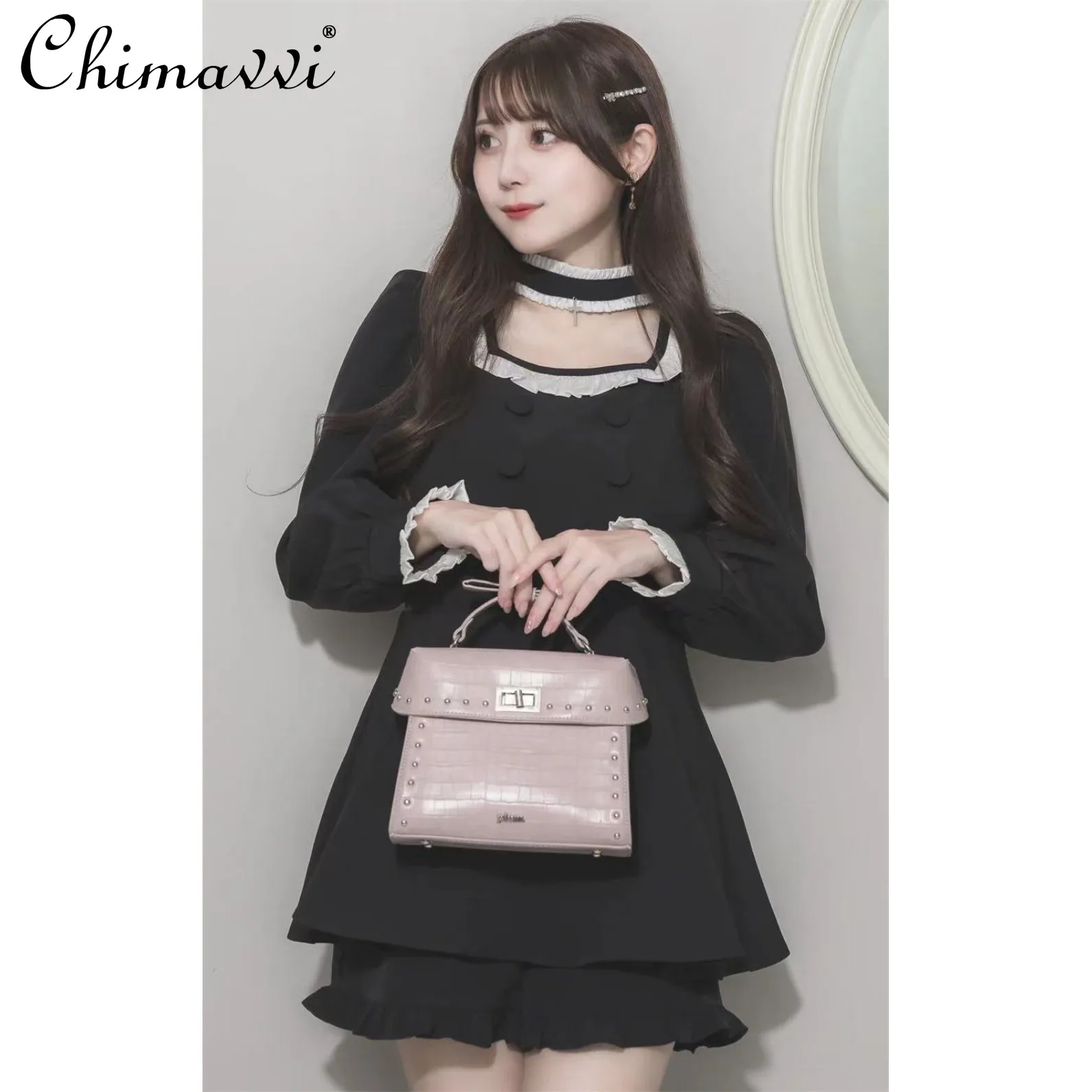 اليابانية الحلو فتاة المختنق الصليب مزدوجة الصدر فستان الدانتيل أعلى + مجموعة تي شيرتات قصيرة للأطفال Kawaii لوليتا فتاة النساء Y2k قطعتين مجموعة