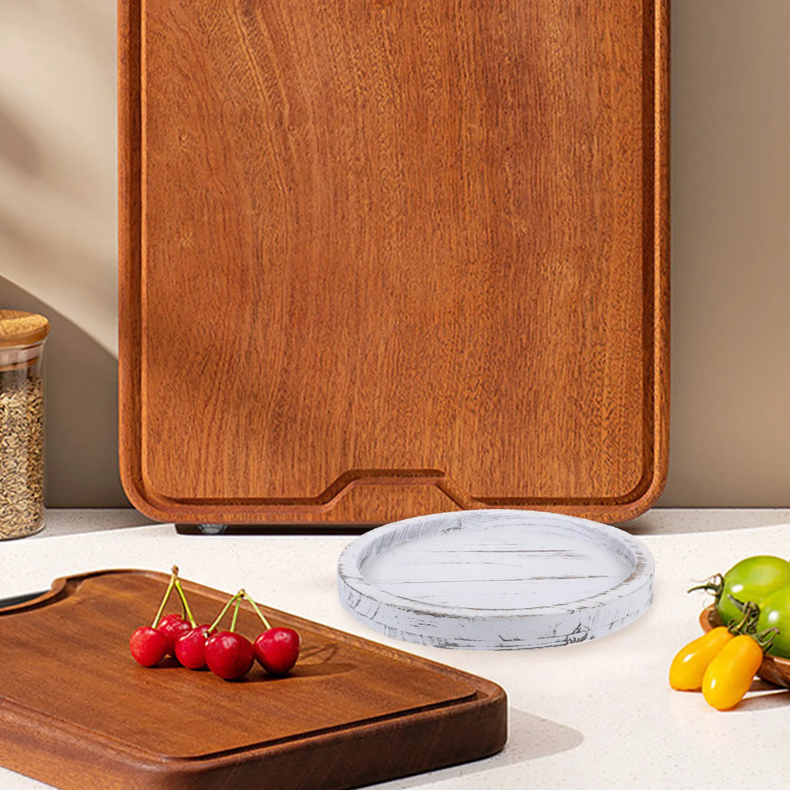 

Vintage Round Wooden Tray Decorative Serving Plate Rustic Style Coffee Table Tray Storage Organizer for Home Decor